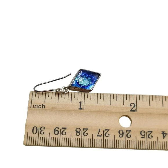 925 Sterling Silver Navy Blue Art Glass Triangle Dangle Drop Earrings VTG - Picture 5 of 5